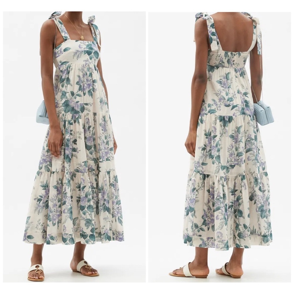 Zimmermann Cassia Tiered Hydrangea Print Tie Shoulder Maxi Dress Size 1 | US 6 - Picture 2 of 16
